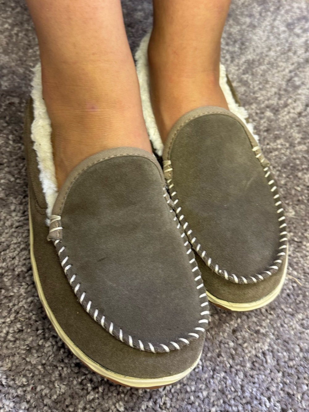 L.L. Bean Women's Taupe Suede Faux-Fur Lined Slip-Ons